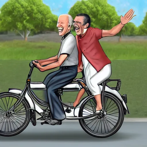 Prompt: joe biden and gandhi drunkenly riding two seater bike together, laughing and joking, photorealistic, detailed