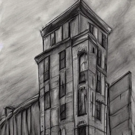 Prompt: Slanted building nightmare art, gothic style, charcoal, rough strokes,