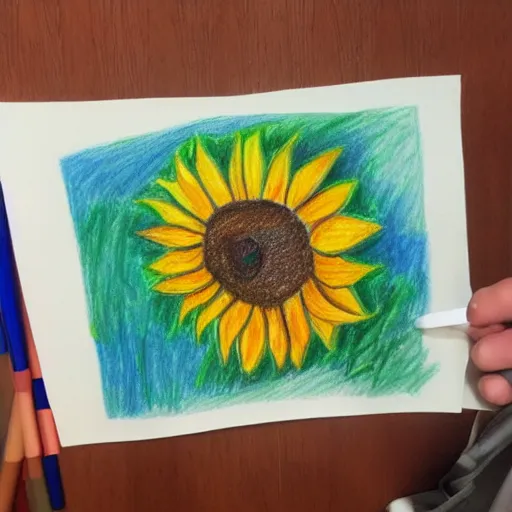 Image similar to crayon drawing of a sunflower, drawn by a 6 year old, photorealistic