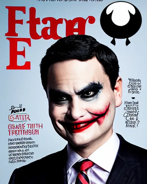 Image similar to portrait photograph of ben shapiro smiling and wearing joker makeup, magazine cover, soft focus, times magazine, 8 k, 3 5 mm, award - winning