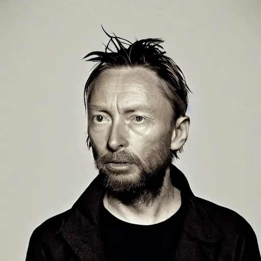 Prompt: Thom Yorke, Thom Yorke, Thom Yorke, with a beard and a black jacket, a portrait by John E. Berninger, dribble, neo-expressionism, uhd image, studio portrait, 1990s