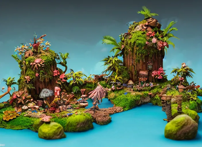 Prompt: detailed studio photography of a fantasy claymation diorama of an isometric tropical island game level design, zeiss lens, detailed, by erwin olaf, joop geesink, wes anderson, jim henson, brian froud, breathtaking, 8 k resolution, beautiful lighting, studio light, extremely detailed, establishing shot, realistic materials, hyperrealistic