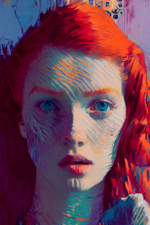 Image similar to portrait of a beautiful redhead girl, complementary colors, beautiful face, rule of thirds, intricate outfit, spotlight, by greg rutkowski, by jeremy mann, by francoise nielly, by van gogh, digital painting