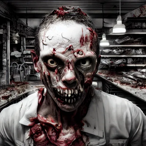 Image similar to butcher angry rotting zombie, detailled portrait, in an butchery, feeling of grimdark horror, daytime, high contrast, ultra intricate detailed, octane render, unreal engine