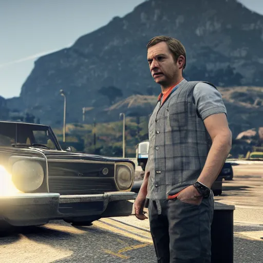 Image similar to martin freeman looks confused in gta 5, a car explodes in the background. unreal engine 4 render 4 k