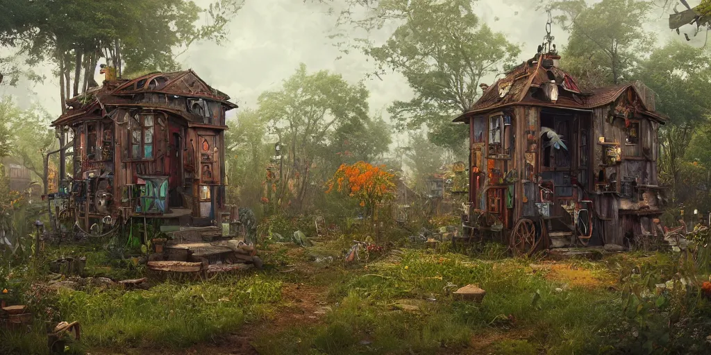 Image similar to steampunk wooden shack, overgrown, colorful, contrast, depth of field, 3 d scene, render, greg rutkowski, zabrocki, karlkka, jayison devadas, trending on artstation, 8 k, ultra wide angle, zenith view, pincushion lens effect