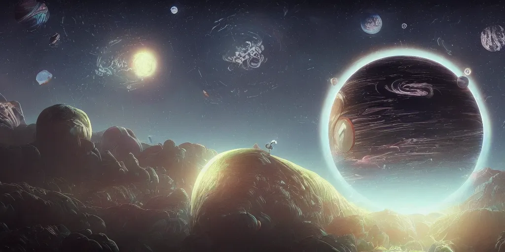 Prompt: planet with many moons in the sky, fantasy, intricate abstract. delicate artwork. by tooth wu, wlop, beeple, dan mumford. octane render, trending on artstation, greg rutkowski very coherent symmetrical artwork. cinematic, hyper realism, high detail, octane render, 8 k, depth of field, bokeh. chrome accents.