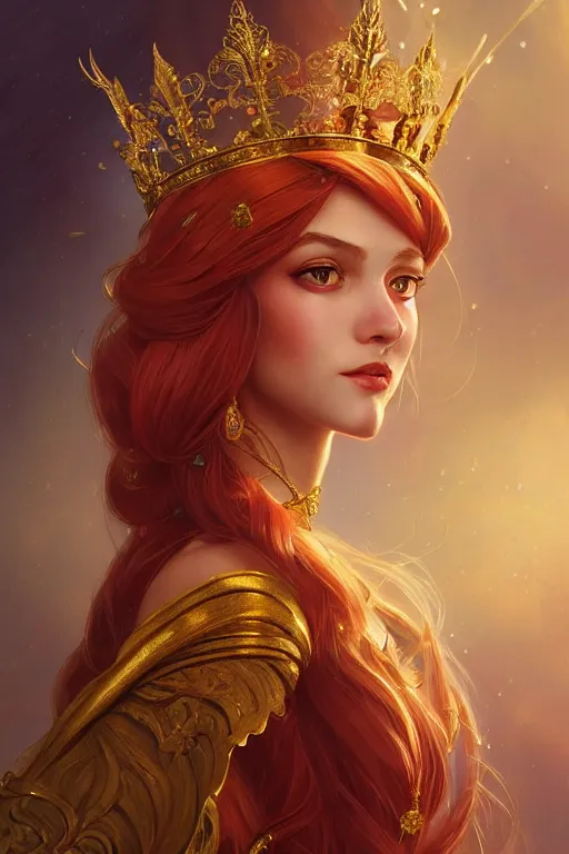 Prompt: beautiful female princess with a golden tiara on her head, portrait shot, long red hair, d & d, fantasy, intricate, elegant, highly detailed, digital painting, artstation, concept art, matte, sharp focus, illustration, hearthstone, art by artgerm and greg rutkowski and alphonse mucha
