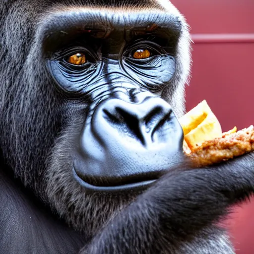 Image similar to detailed sharp photo of a gorilla eating a burger inside a McDonald's in santa fe