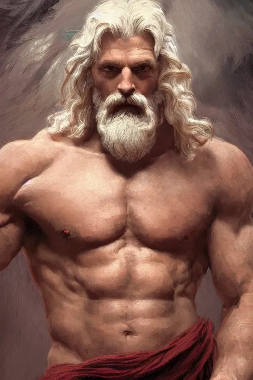 Prompt: painted portrait of rugged zeus, god of thunder, greek god, white hair, masculine, mature, handsome, upper body, red, muscular, hairy torso, fantasy, intricate, elegant, highly detailed, digital painting, artstation, concept art, smooth, sharp focus, illustration, art by gaston bussiere and alphonse mucha