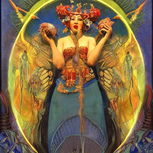 Image similar to the queen of the underworld in full regalia, by Annie Swynnerton and Diego Rivera and Tino Rodriguez and Maxfield Parrish and Nicholas Roerich, elaborately costumed, rich color, dramatic cinematic lighting, extremely detailed