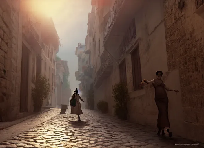 Image similar to a woman in a fed skirt walking the narrow streets of athens, painted by, mc escher, gordon onslow ford, georgia o'keeffe and ivan aivazovsky, cinematic light, god rays, colourful, unreal engine, zbrush central,