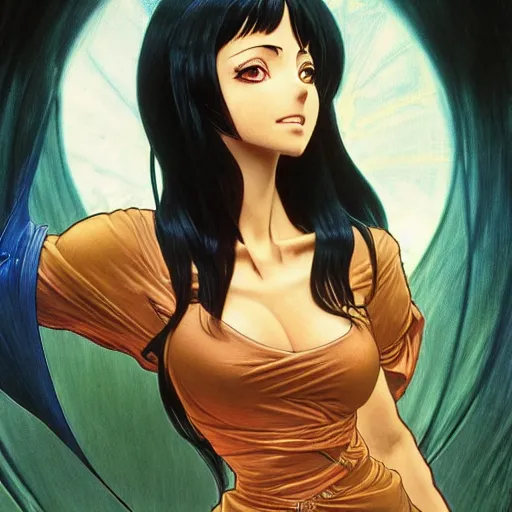 Image similar to highly detailed vfx portrait of nico robin by eiichiro oda!, makoto shinkai, alphonse mucha, sharp focus, art by artgerm and greg rutkowski!, backlit, harsh overhead sunlight, blue eyes!!, large aquiline nose!!, stanley kybric, kaoru mori, shadows, best of behance,