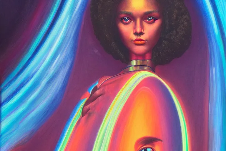 Image similar to patron saint of 🛸🌈👩🏾, futuristic clothing, neon god of city character portrait, in the style of margaret keane, moebius, tom bagshaw, and waterhouse, cinematic lighting, beautiful, elegant, oil painting,