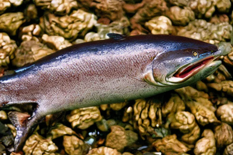 Prompt: a photo of an angry walnut salmon in its natural habitat, kodak ektachrome e 1 0 0 photography