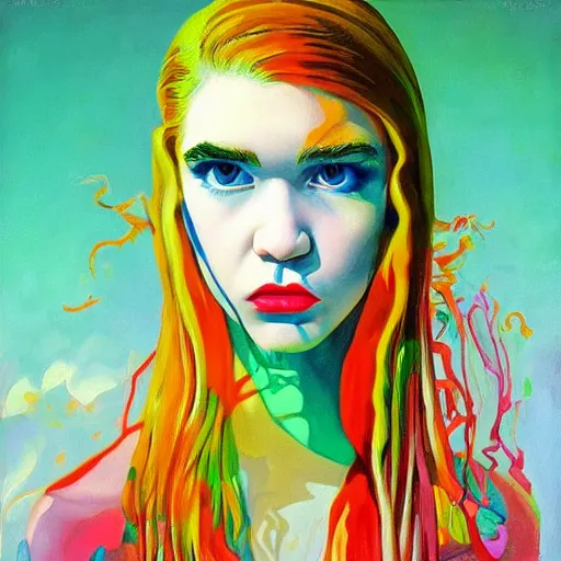 Image similar to grimes a. k. a. claire elise boucher painted by dali, dreamy, bright colors