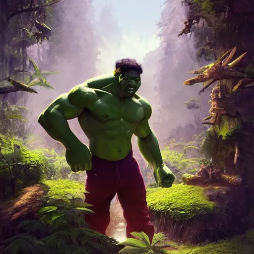 Image similar to snoop dog as big as hulk fights giant ganja plant, cinematic lighting, highly detailed, concept art, art by wlop and artgerm and greg rutkowski, masterpiece, trending on artstation, 8 k