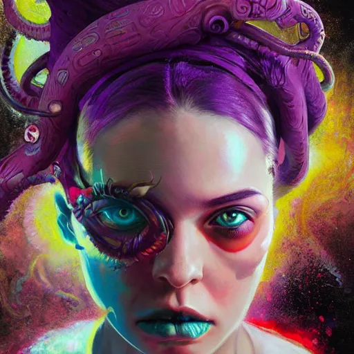 Image similar to art portrait of a furious girl with purple tentacles on her head, 8 k, by tristan eaton, stanley artgermm, tom bagshaw, greg rutkowski, carne griffiths, trending on deviantart, face enhance, hyper detailed, full of colour,