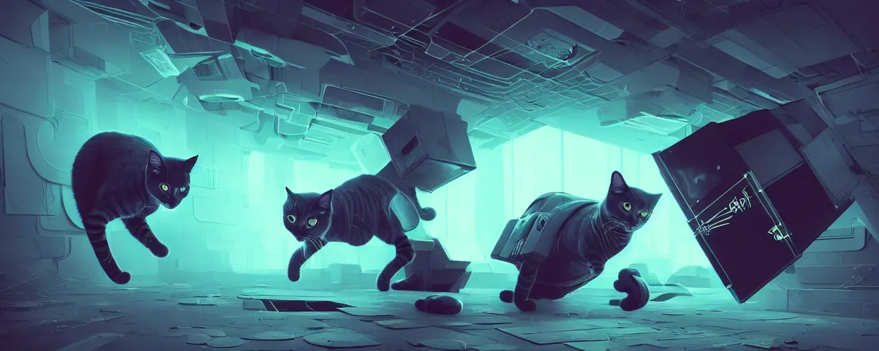 Prompt: duotone noir scifi concept dynamic illustration of 3 d mesh of cat inside box floating zero gravity glowing 3 d mesh portals retrofuturistic, glowing eyes, octane render, surreal atmosphere, volumetric lighting. accidental renaissance. by sachin teng and sergey kolesov and ruan jia and heng z. graffiti art, scifi, fantasy, hyper detailed. trending on artstation