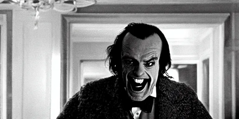 Image similar to photorealistic cinematography of the character jack torrance from stanley kubrick's 1 9 8 0 film the shining sitting at the overlook hotel's gold ballroom bar laughing right at the camera shot on 3 5 mm 5 2 4 7 film by the shining cinematographer john alcott on a 1 8 mm cooke panchro lens.
