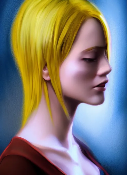 Prompt: portrait, young lady, short yellow hair, computer painting, volumetric lighting, detailed, computer painting