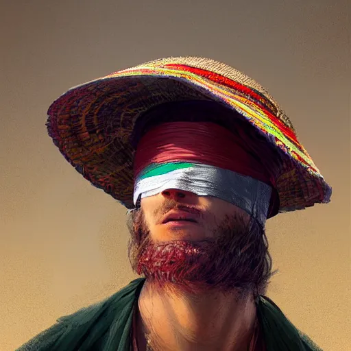 Image similar to portrait of a blindfolded man wearing a multicolored tunic and a large straw hat, detailed face, highly detailed, cinematic lighting, digital art painting by greg rutkowski