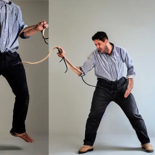 Image similar to photo of a man using a pair of pants from his laundry as a whip, funny, accident, high quality