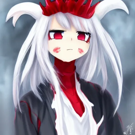 Image similar to white hair, red eyes, two small horn on the head, anime style, anime girl