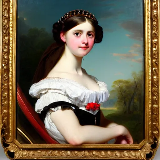 Image similar to portrait of a german teenage princess, circa 1 8 5 0 by franz xaver winterhalter, highly detailed, beautiful, oil on canvas, 1 8 5 0 s, romanticism