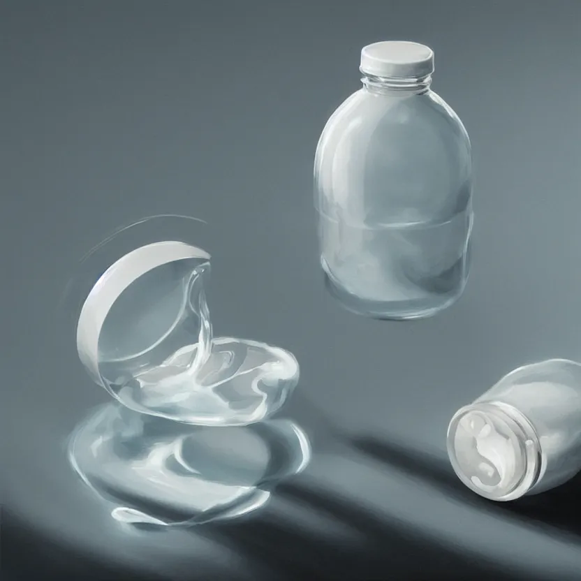 Prompt: concept art of a healthy and natural white liquid dietary supplement in a round transparent bottle with black sticker on it, by aenaluck, artgerm and roberto ferri and greg rutkowski, light blue and white tones, digital painting, artstation, concept art, smooth, sharp foccus ilustration hq