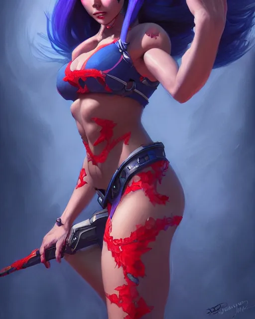 Prompt: widowmaker from overwatch wearing red lace halter top, perfect face, dark blue hair, abs, cinematic, stunning, athletic, strong, agile, highly detailed, psychedelic, digital painting, artstation, smooth, hard focus, illustration, art by jessica rossier and and brian froud