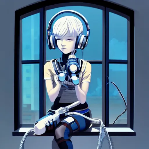 Image similar to cyborg - girl with silver hair, wearing headphones, and sitting on a window sill, highly detailed, painting, dark blue and black color palette, intricate, high quality anime artstyle, in the style of ilya kuvshinov