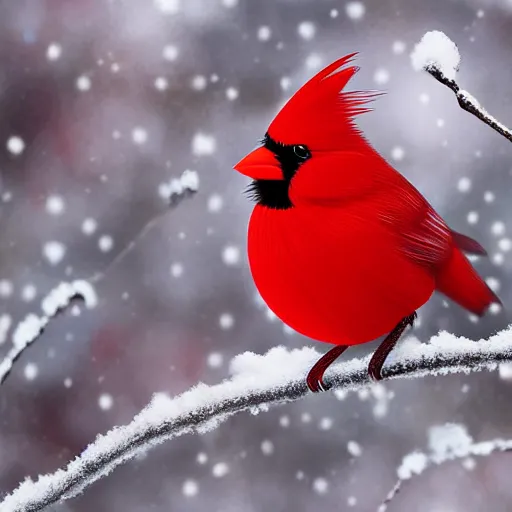 Prompt: cute fluffy red cardinal bird sitting on snowy winter branch with berries detailed painting 4k