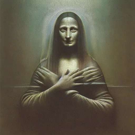 Prompt: beksinski, zdzisław - mona lisa in the style of giger, h. r. by zdzislaw beksinski and h. r. giger