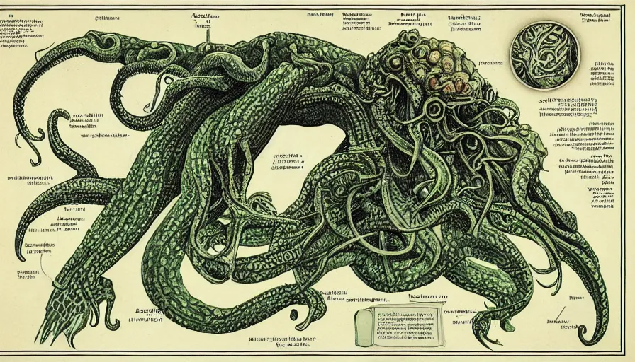 Image similar to cthulhu cross section scientific illustration biology book, highly detailed