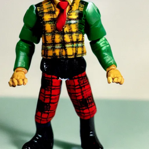 Prompt: plastic wolfman action figure with faded green face dressed in a plaid suit. 1 9 7 9 vintage