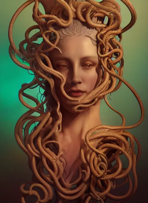 Image similar to medusa made of soft wax, wooden art nouveau swirls, strong subsurface scattering, cables, tubes, subsurface scattering, in the style of ruan jia and beeple and giger, subsurface scattering, mystical colors, back light, rim light, dramatic lighting, 8 k, stunning scene, raytracing, octane render, trending on artstation