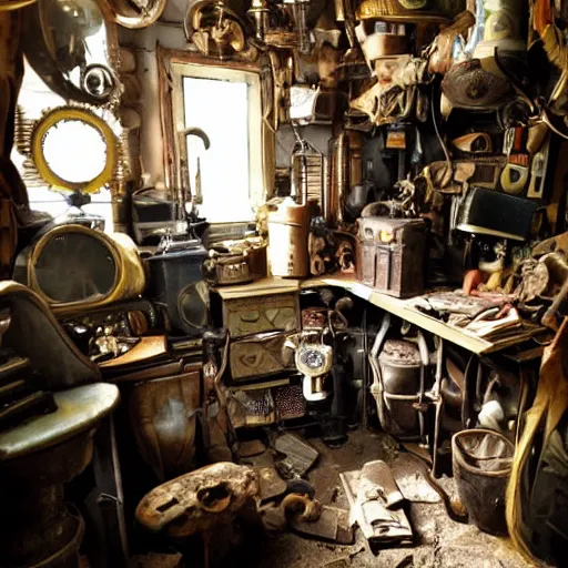 Prompt: steampunk hoarders room, extremely dirty