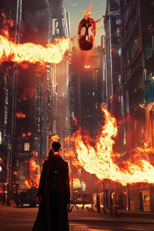 Image similar to in the foreground a street of Saint Petersburg, in the background a blonde woman from behind with flames coming out of her hands wearing a long jacket like a matrix, realistic, high definition, many details, dramatic scene, detailed and realistic hands, face symmetrical, realistic eyes, cyberpunk art 2077