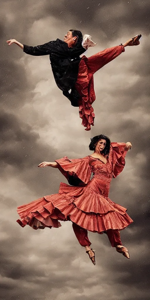 Prompt: antonio gades dancing flamenco on the rain stormcloud realistic