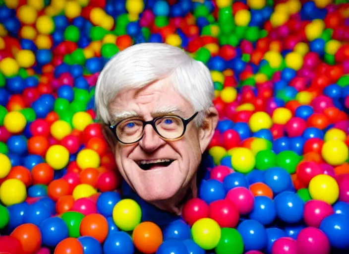 Image similar to photo still of phil donahue in a ball pit!!!!!!!! at age 6 6 years old 6 6 years of age!!!!!!!! hiding from parents, 8 k, 8 5 mm f 1. 8, studio lighting, rim light, right side key light