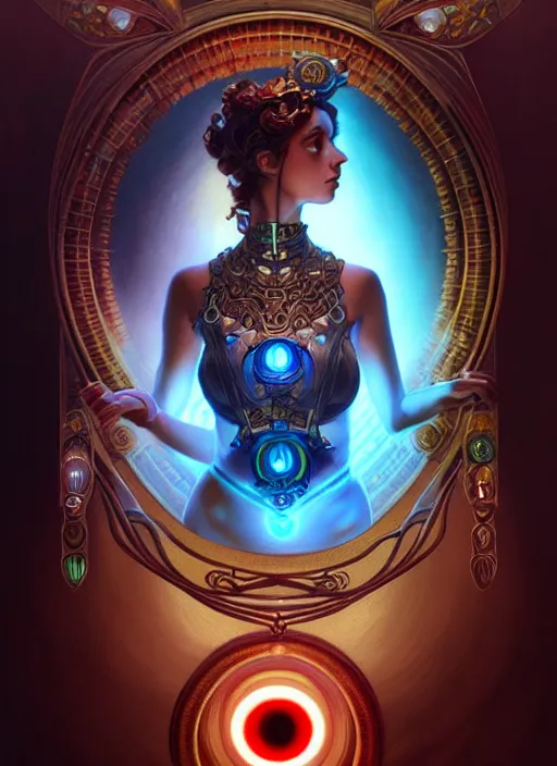 Image similar to the goddess athena smirking, steampunk, glowing eyes, volumetric lights, red and cyan theme, art nouveau botanicals, intricate, highly detailed, digital painting, artstation, concept art, smooth, sharp focus, cinematic, illustration, beautiful face, art by artgerm and greg rutkowski and alphonse mucha