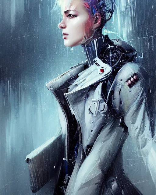 Image similar to detailed portrait of European Pretty Young Girl Storm Rain movie Jacket coat, Futuristic sci-fi fashion, royal attire by ismail inceoglu dragan bibin hans thoma greg rutkowski Alexandros Pyromallis Nekro Rene Margitte illustrated Perfect face, sharp chine, fine details, realistic shaded, fine-face, pretty face cyberpunk, neotokyo, synthwave, aesthetics, futuristic, low-emission-neon, bladerunner movie scene