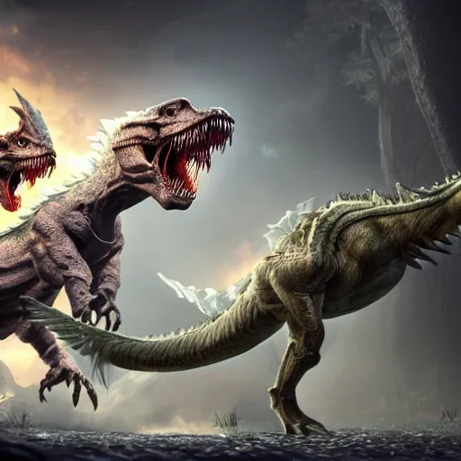 Image similar to a white dragon fighting a t rex, fantasy, intricately detailed, 8 k render, ultra high resolution, octane render, trending on artstation