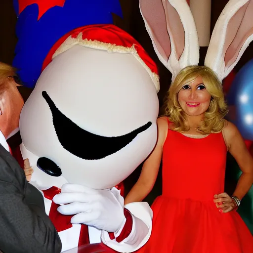 Prompt: high definition photo Donald trump dressed as Bugs Bunny spying on children at a birthday party, high quality, dynamic, good lighting