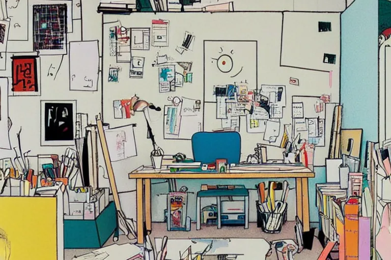 Image similar to messy office, style of studio ghibli + moebius + basquiat, cute, clean lines