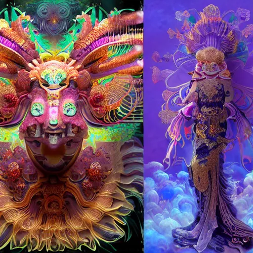 Image similar to 3 d goddess frontal view full body, astral projection, with ram golden skull. beautiful intricately detailed japanese fractal kitsune mask and clasical japanese kimono. betta fish, jellyfish fractal, bio luminescent, plasma, ice, water, wind, creature, indian temple, mandelbulb, fractal, artwork by tooth wu and wlop and beeple and greg rutkowski