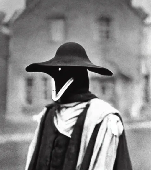 Image similar to a man at wearing plague doctor mask in distance, ww1 film photo, grainy, high detail, high resolution