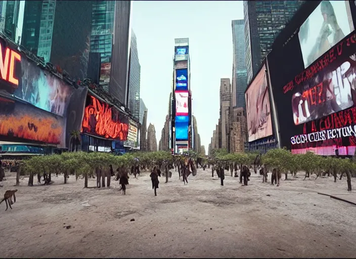 Image similar to film still of post apocalyptic empty time square, overgrown with wildlife walking through in the new sci - fi movie, 8 k