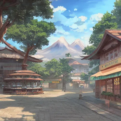 Image similar to concept art painting of a historic bakery with european and japanese architecture, surrounded by trees and mountains, realistic, detailed, cel shaded, in the style of makoto shinkai and greg rutkowski and james gurney